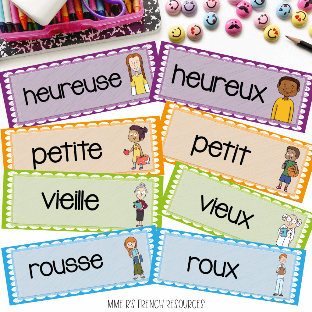 word wall cards for French adjectives