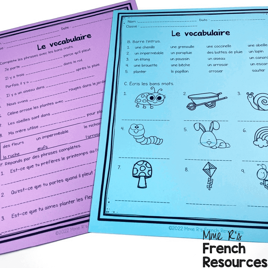 French worksheets for spring vocabulary