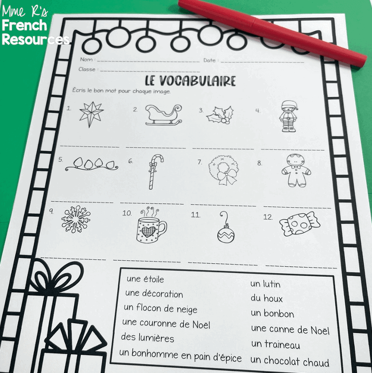 French Christmas vocabulary worksheet