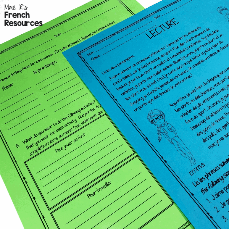 French-clothing-worksheets