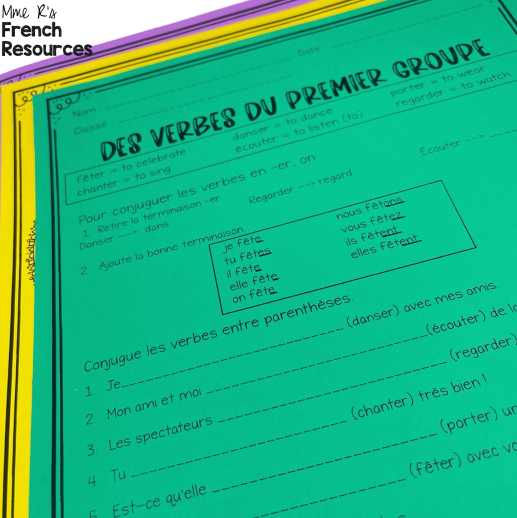 Mardi Gras themed worksheets for French verb