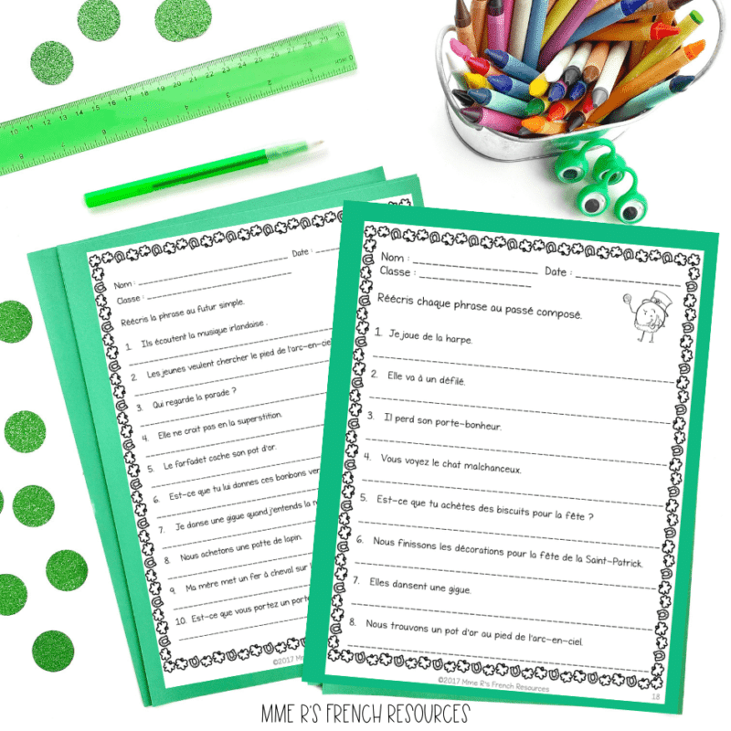 St. Patrick's Day grammar worksheets for French