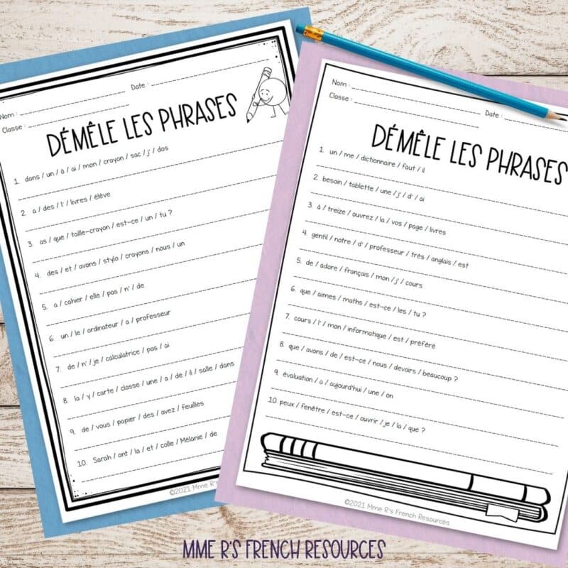 French school supplies activity 