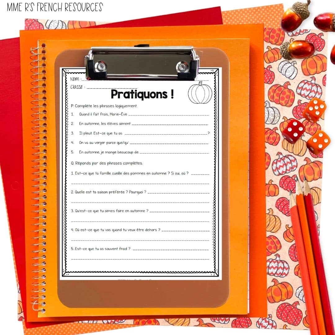 French Fall Activities | Core French & Immersion 5 French fall lessons