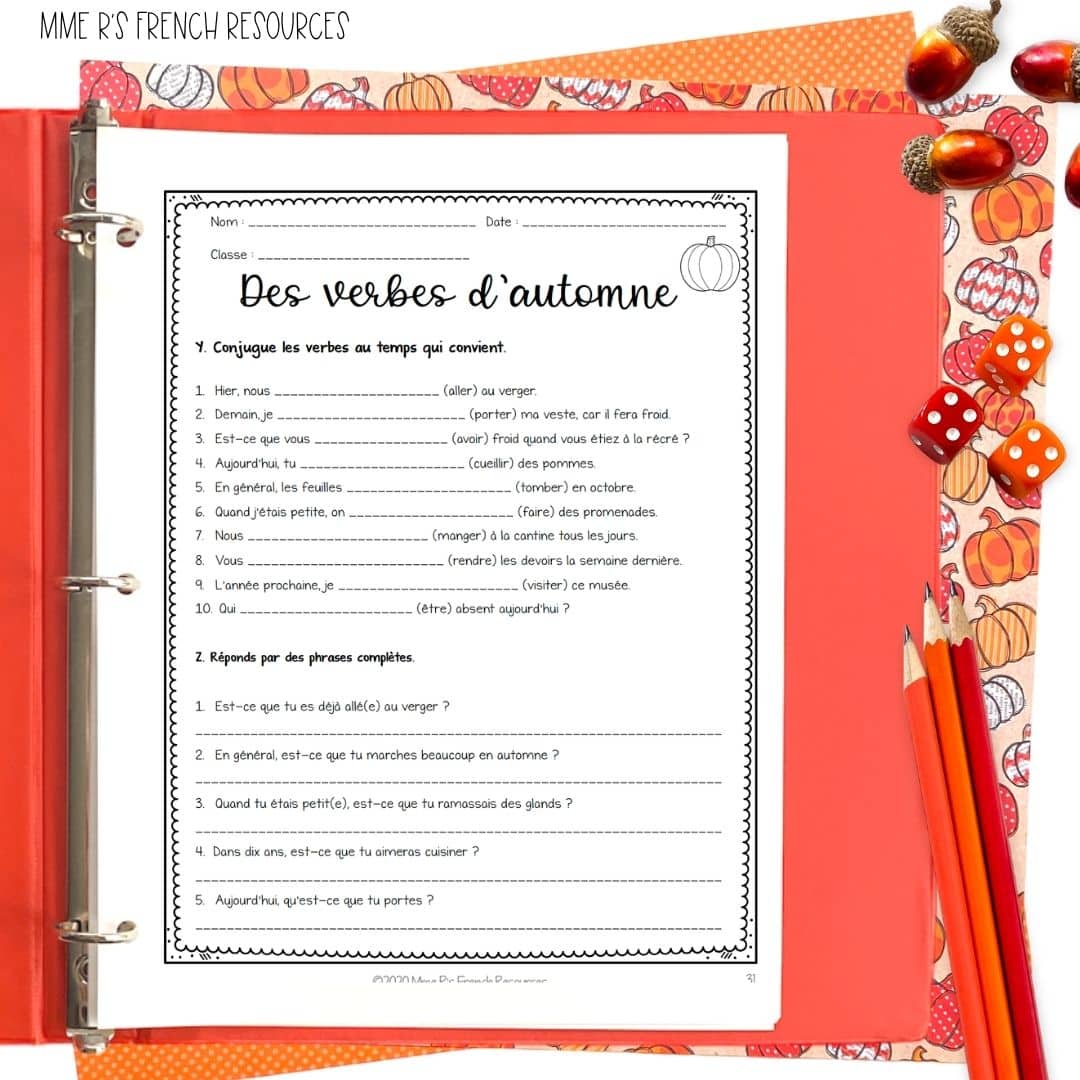 French Fall Activities | Core French & Immersion 8 French fall verb conjugation