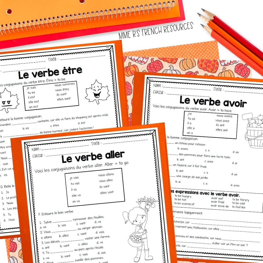 French Fall Activities | Core French & Immersion 7 French fall verb worksheets